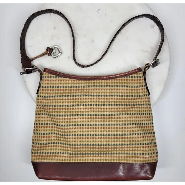 Brighton Tweed Purse Braided Leather Trim Heart Charm Brown Tan Check - Image 16
