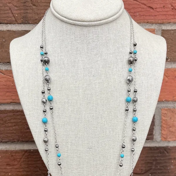 Layered Navajo Style Pearl & Turquoise Spaced Bead Necklaces - Image 3