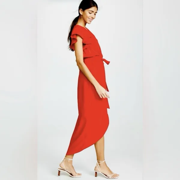 Amanda‎ Uprichard Red Martinique Midi Dress Ruffle Sleeve Tulip Hem Belt MEDIUM - Image 4