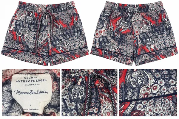Anthropologie Red & Navy Floral Paisley Drawstring Shorts, Small - Image 2