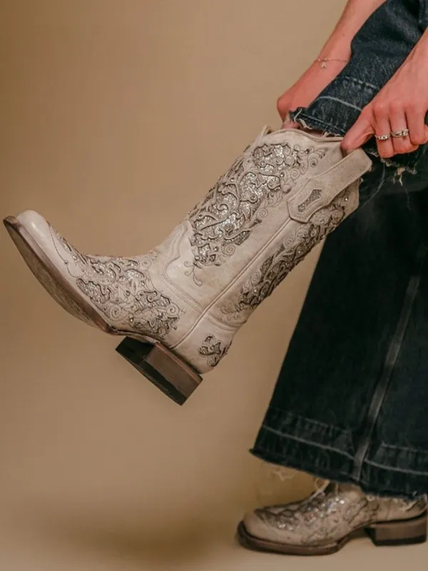 Corral A3397 Glitter Inlay & Crystal Bone Leather Western Boots 8.5 M - Image 2