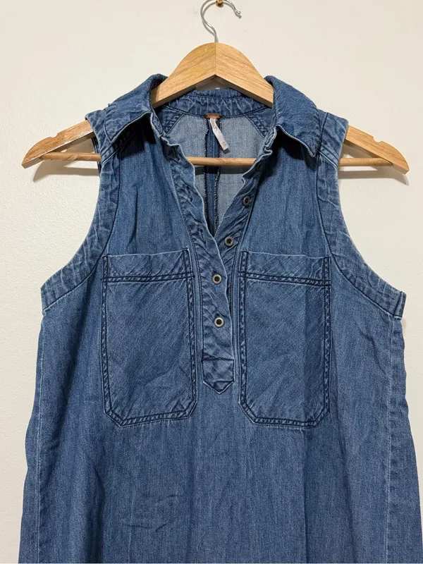 Free People Midi Denim Dress Size XS Belted Blue Summer Long Sleeveless - Image 4