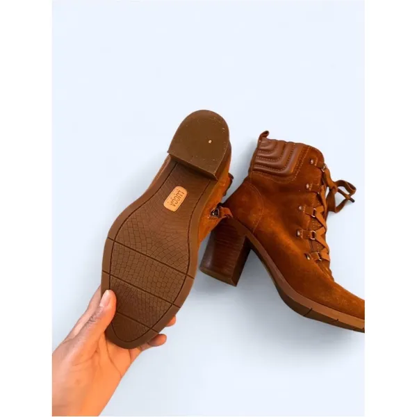 Suede Lace-Up Block Heel Ankle Boots in Tan - Image 4