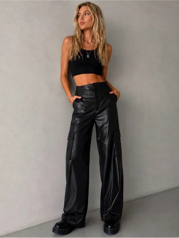 Urban Outfitters Black Faux Leather Wide Leg Cargo Pants Size Small - Image 12
