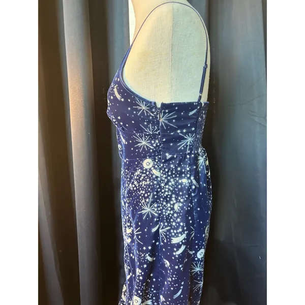 Celestial Navy Blue‎ Velvet Star Print Midi Dress V-Neck Slit Small - Image 7