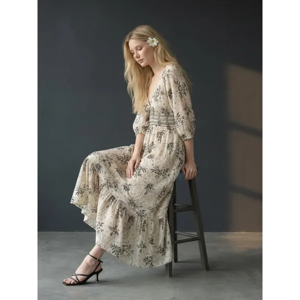 Free People Bohemian Billowy Ethereal Floral Golden Hour Maxi Dress Ivory Large - Image 6