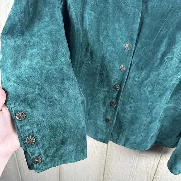 Coldwater Creek Emerald Green Suede Leather Jacket Petite Large Floral Buttons - Image 2