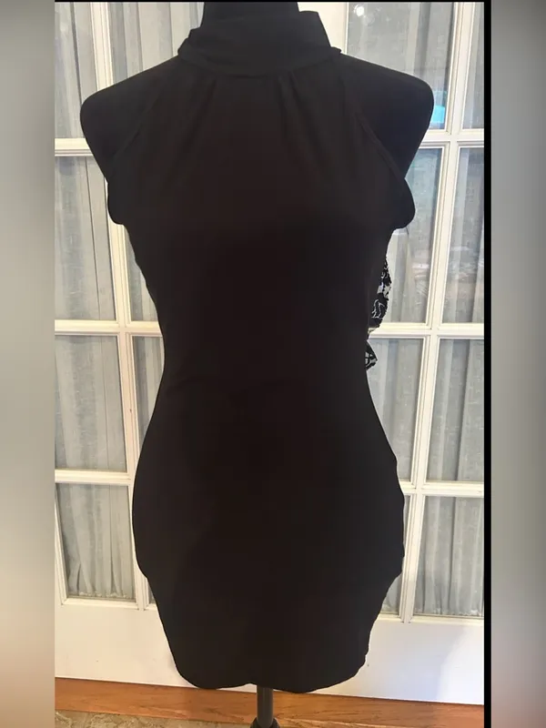 Black Ruffle Backless Halter Dress Size XS - Image 3