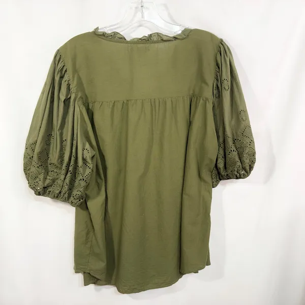 Maurices XXL Top Eyelet Blouse Peasant Top Puff Sleeve‎ Olive Green 907 - Image 5