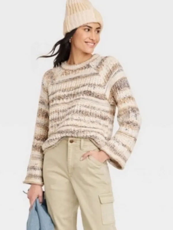 Universal Thread Cream and Brown Chunky Knit Crewneck Sweater - Image 5