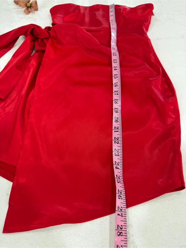 Saints +Secrets Strapless Red Satin Mini Dress with Side Tie Cutout - Image 8