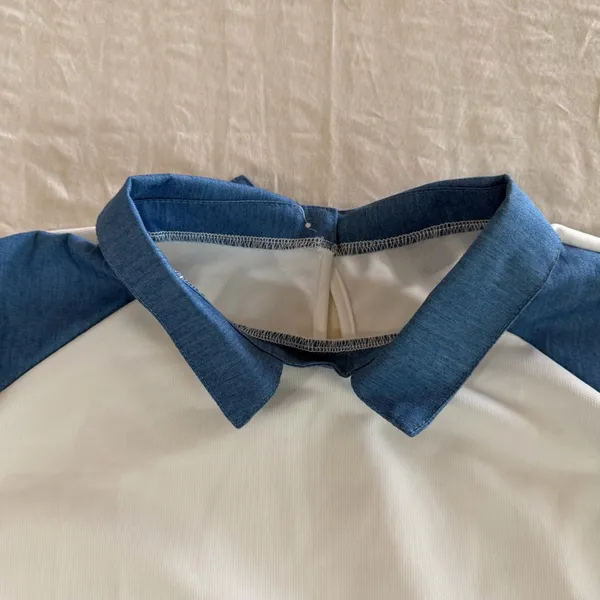 NEW Women's White with Blue Denim Style Trim Peter Pan Collar Size L #260464 - Image 2