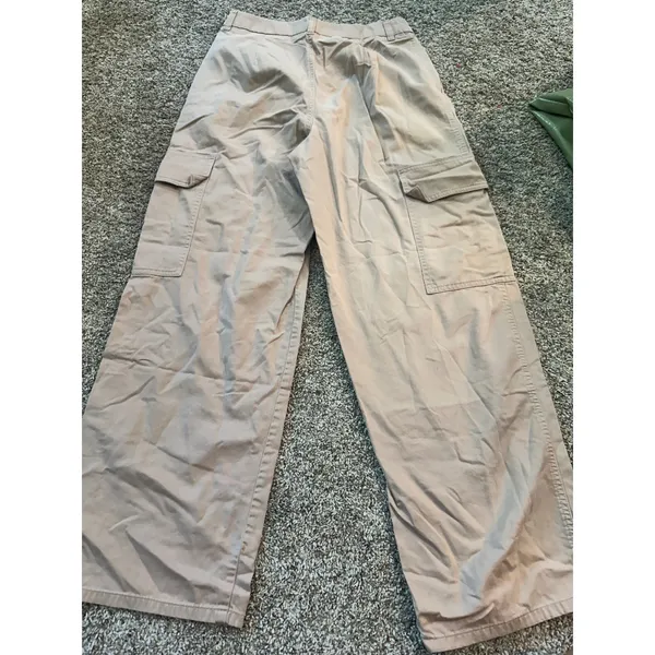 GU Women Beige Cotton Pleated Cargo Pants High Rise Relaxed Fit 827-459041 L - Image 8