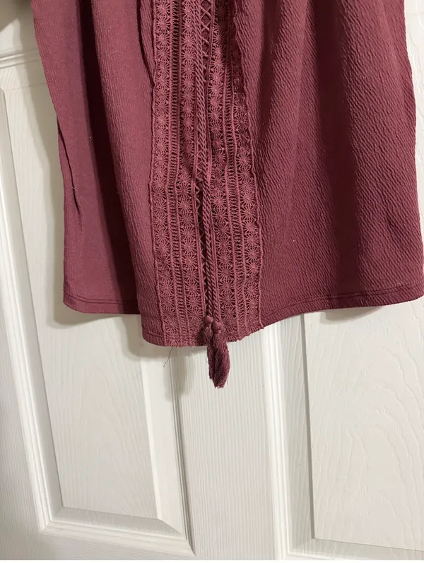 Colosa Boho Crochet Lace Peasant Top Burgundy Mauve Short Sleeve Size L - Image 10