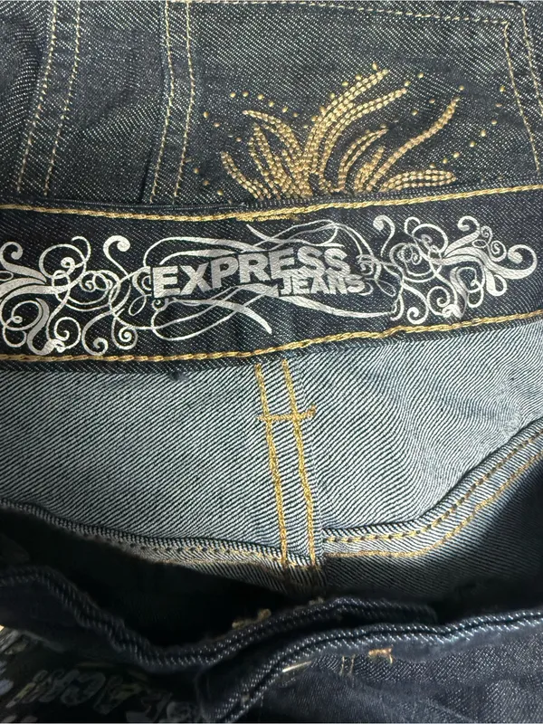 Express Dark Blue Flare Jeans with Faded Front Panels - Image 6