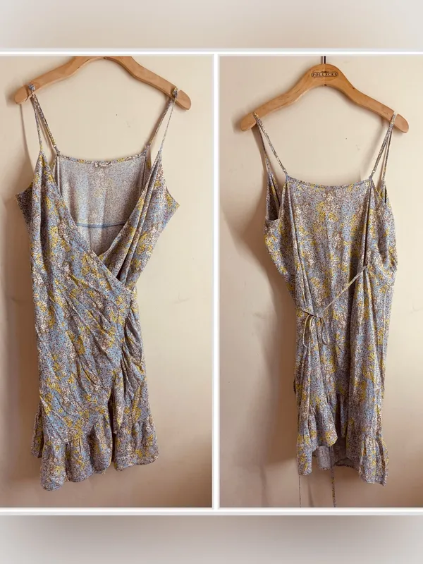 Free People All My Love Wrap Dress Blue Yellow Floral Mini Ruffle Hem size M - Image 5