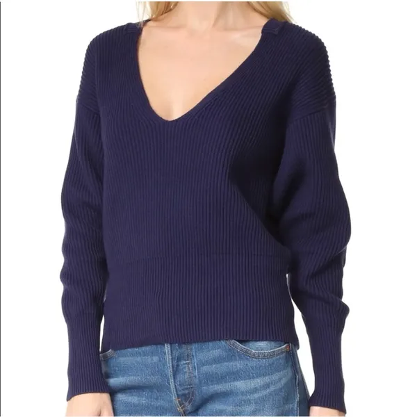 Free People‎ Navy Blue Allure Rib Knit Slouchy V-Neck Pullover Sweater Size XS - Image 4