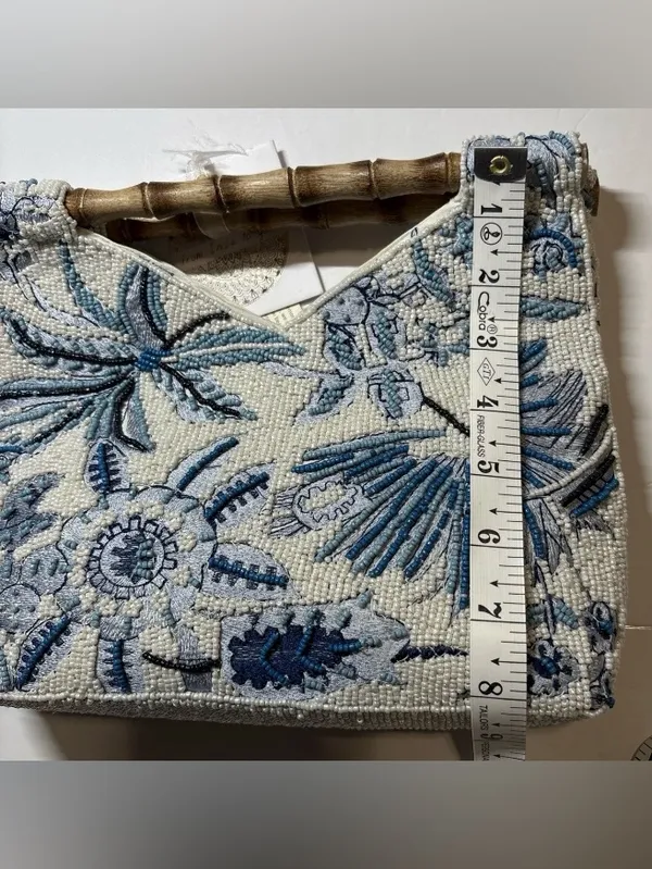 Beaded Floral Pink & White Handbag with Bamboo Handle India handmade NWT - Image 5