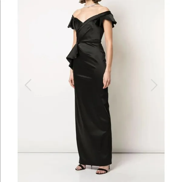 Marchesa Notte Off Shoulder Satin Draped Dress Black Size 0 - Image 2