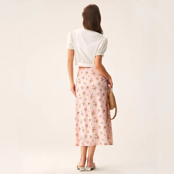 Rihoas Pink Floral Satin Straight Midi Skirt - Image 4