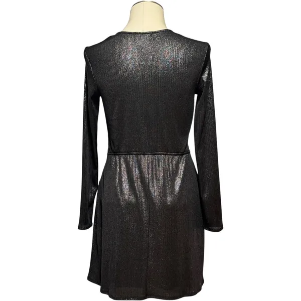 Altar'd State Long Sleeve Twisted Front Plunge Mini Dress Metallic Black Medium - Image 3