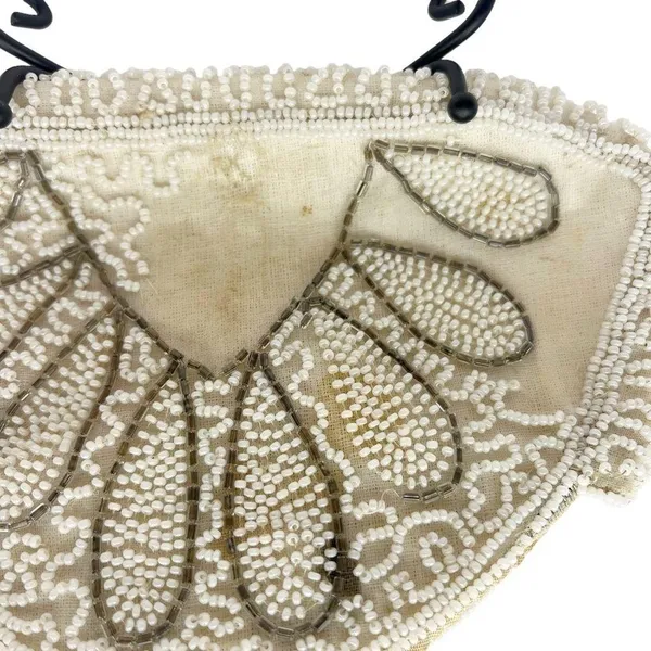 Vintage Hand Beaded Art Deco Clutch Wristlet Half Moon Shell Shape Ivory Bell - Image 5