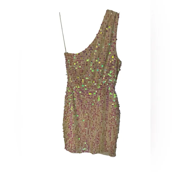 ✨ SAYLOR Kyrie One-Shoulder Sequin‎ Mini Dress Pink Champagne Small 🍾 - Image 3