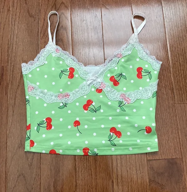 Y2K Style Lace Cami Crop Tank Top Polka Dots & Cherry print lolita - Image 2