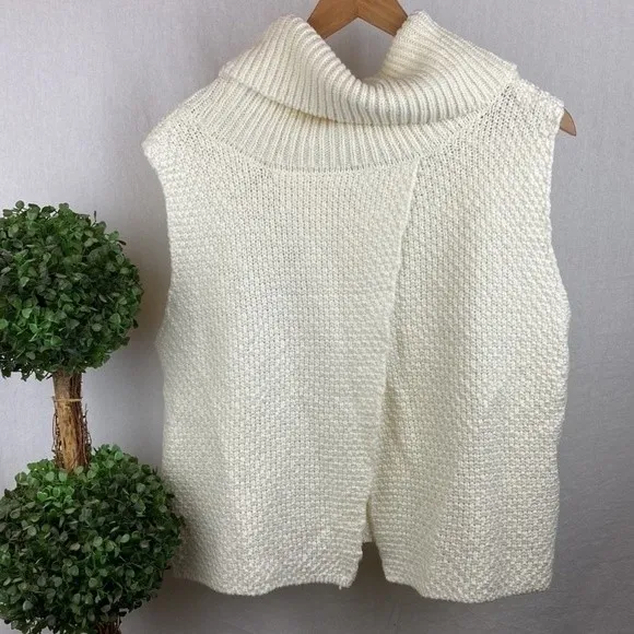 Bebe Ivory Sleeveless Knit Turtleneck Split Open Back Sweater L - Image 4