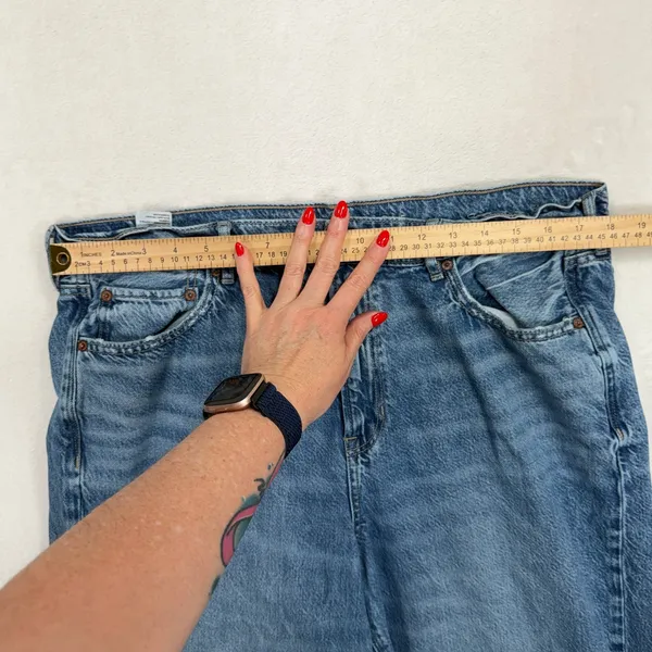 American Eagle 16 Jeans Super High Rise Baggy Wide Leg Raw Hem Blue Denim Grunge - Image 14