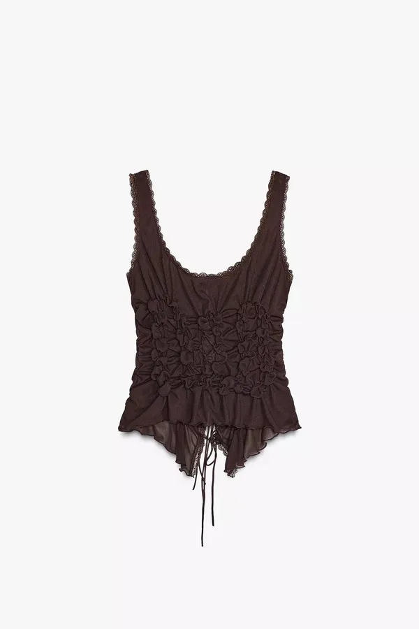 Zara brown Lace-Up Women's Top boho bohemian tied - Image 3