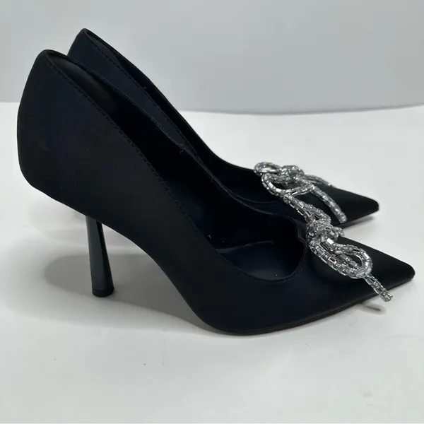 Zara Black Pointed Toe Silver Bow Stiletto Heels Size 39 - Image 5