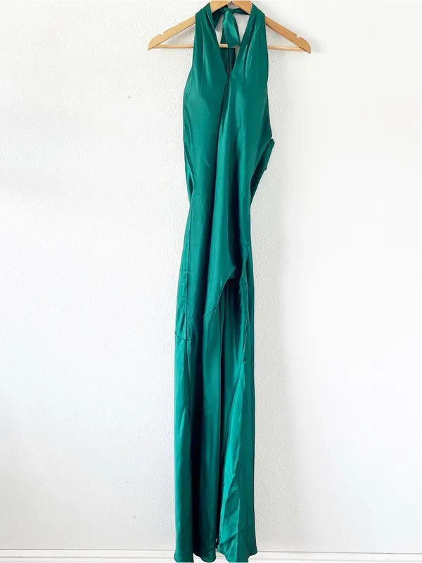 Revelry Amaya Emerald Green Satin Halter Open Back High Slit Formal Gown - Image 2