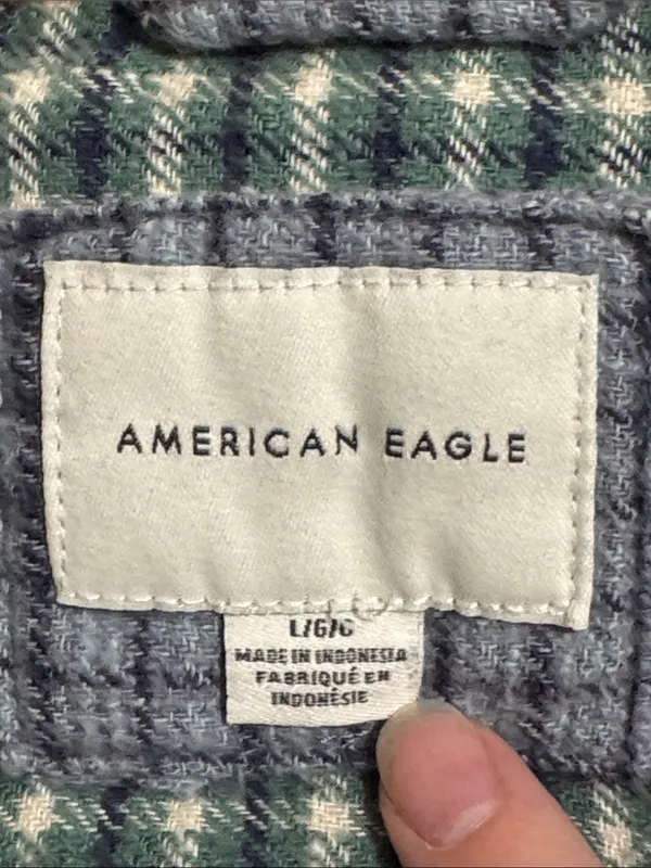 American Eagle Fall Plaid Patchwork Ragged Eclectic Grandpa Flannel Shirt sz L - Image 9