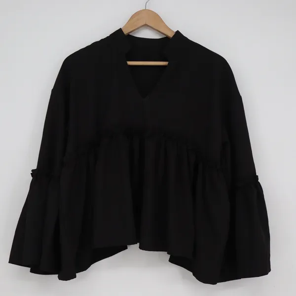 Shein Black Peplum Blouse Notched V-Neck Tiered Bell Sleeve Ruffle Top Large - Image 2