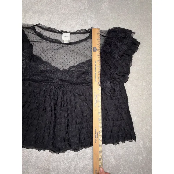 Maeve Anthropologie Black Ruffled Tulle Lace Blouse Sheer Polka Dot Mesh Top L - Image 8