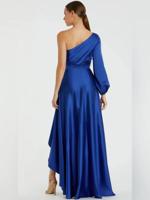 IEENA MAC DUGGAL Dark Blue Long Sleeve One Shoulder Satin High Low A-line Gown - Image 3