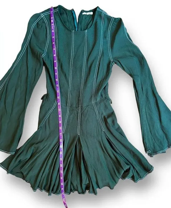 Tularosa Nicole Dress Sycamore Green Pleated Mini Dress Bell Sleeve Size XXS - Image 8