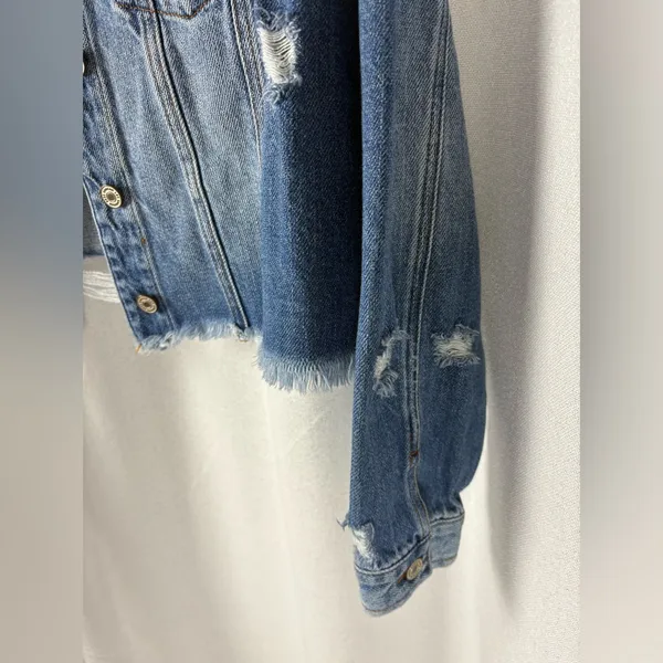 KANCAN “Sawyer” Blue Jean Distressed Cropped Denim Jacket, XL‎ 617 - Image 5