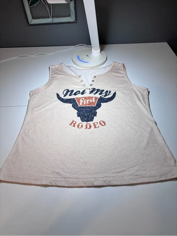Women’s Cream Graphic Henley Tank Shirt - 'Not My First Rodeo' - Image 2