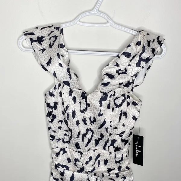 Lulus It's Fierce Ivory Leopard Print Satin Off-the-Shoulder Dress size XS - Image 6