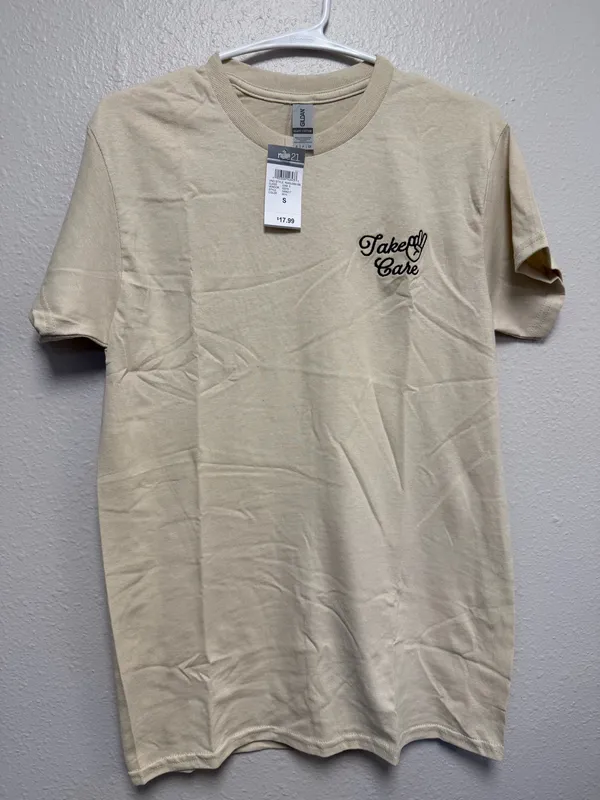 Gildan Heavy Cotton Take Care Embroidered T-Shirt Beige Tan Size S New With Tags - Image 3