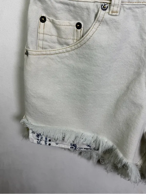 Free People We The Free Sunkissed Denim Shortalls Raw Hem Bandana Trim Overalls Women Sz 0 - Image 4
