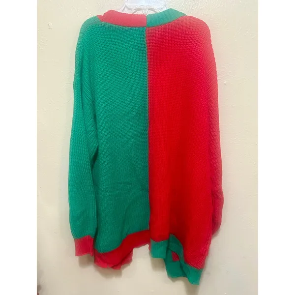 Red & Green Color Block Knit‎ Cardigan Sweater Christmas Holiday Women's Small - Image 3