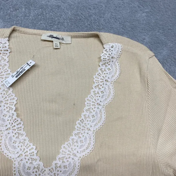 Madewell Shirt Womens XL Lace Trim Ribbed V Neck Short Sleeve Top Beige NY958 - Image 4