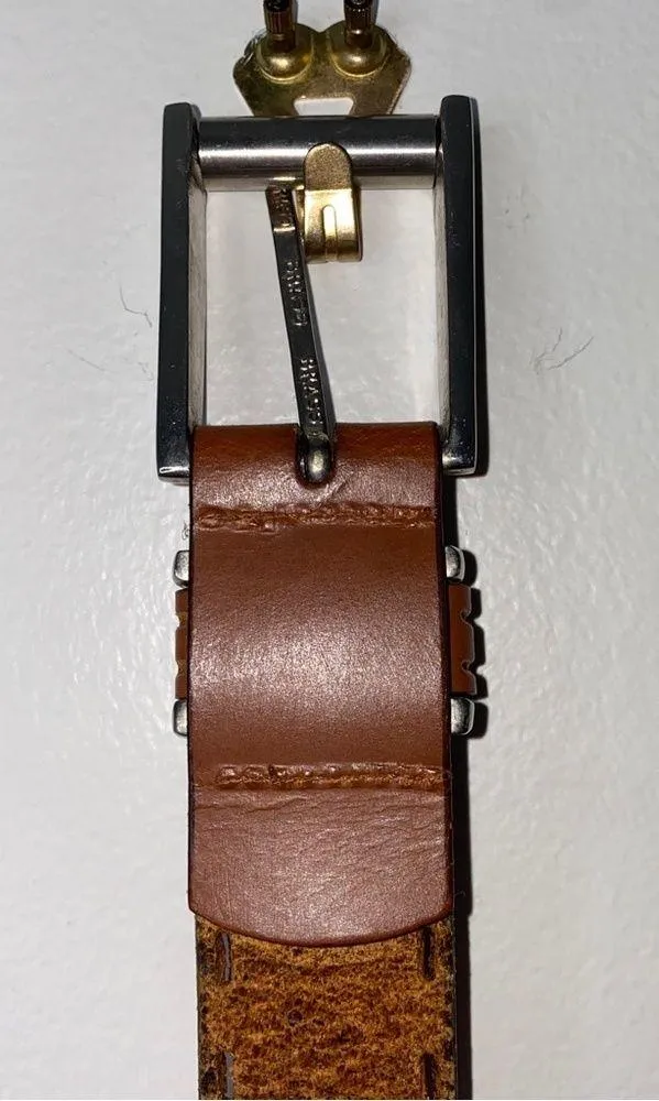 Brown Leather Belt with Silver Brass Buckle Embroidered Stitched edging 32 - Image 3