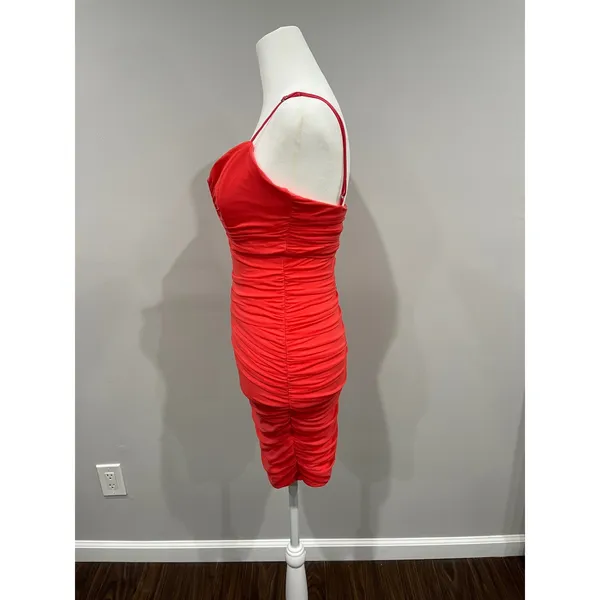 Hello Molly popping champagne Coral Ruched V Neck Spaghetti‎ Strap Mini Dress L - Image 3