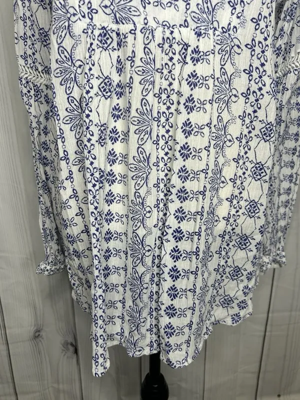 Ann Taylor Loft Blue White Floral Print V-Neck Cotton Tunic Top Sz L Lightweight - Image 3