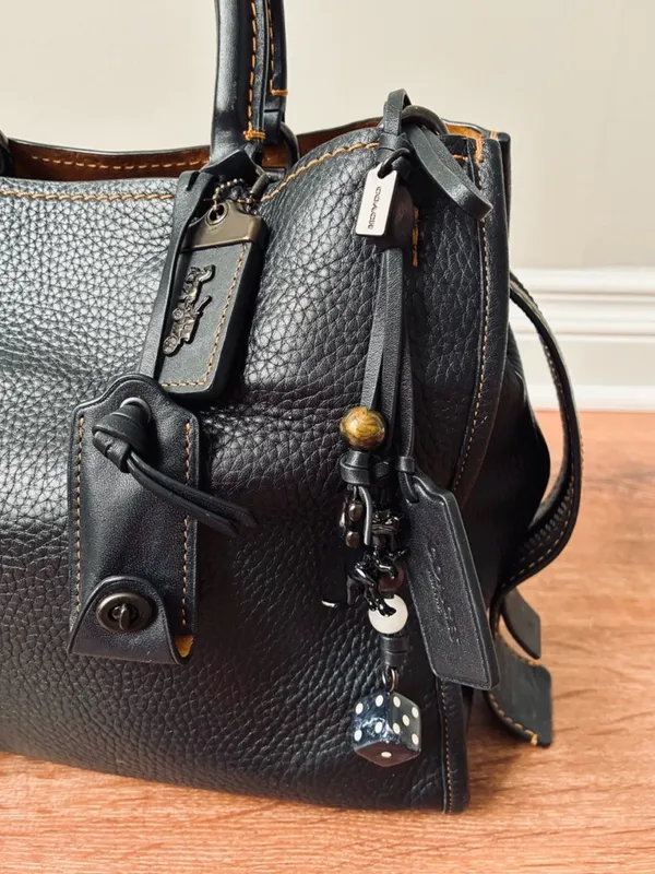 Coach Heritage Black Leather Loop Charm Keychain with Beads, Rexy Dinosaur, Dice - Image 4