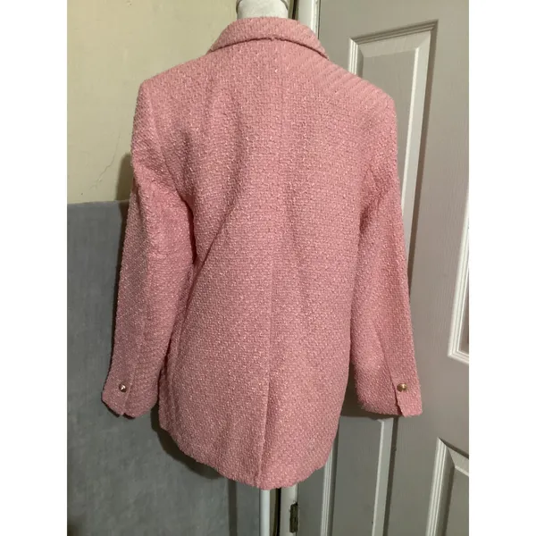 H&M Pink Textured Tweed Blazer Jacket Gold Buttons Oversized Women Medium - Image 5